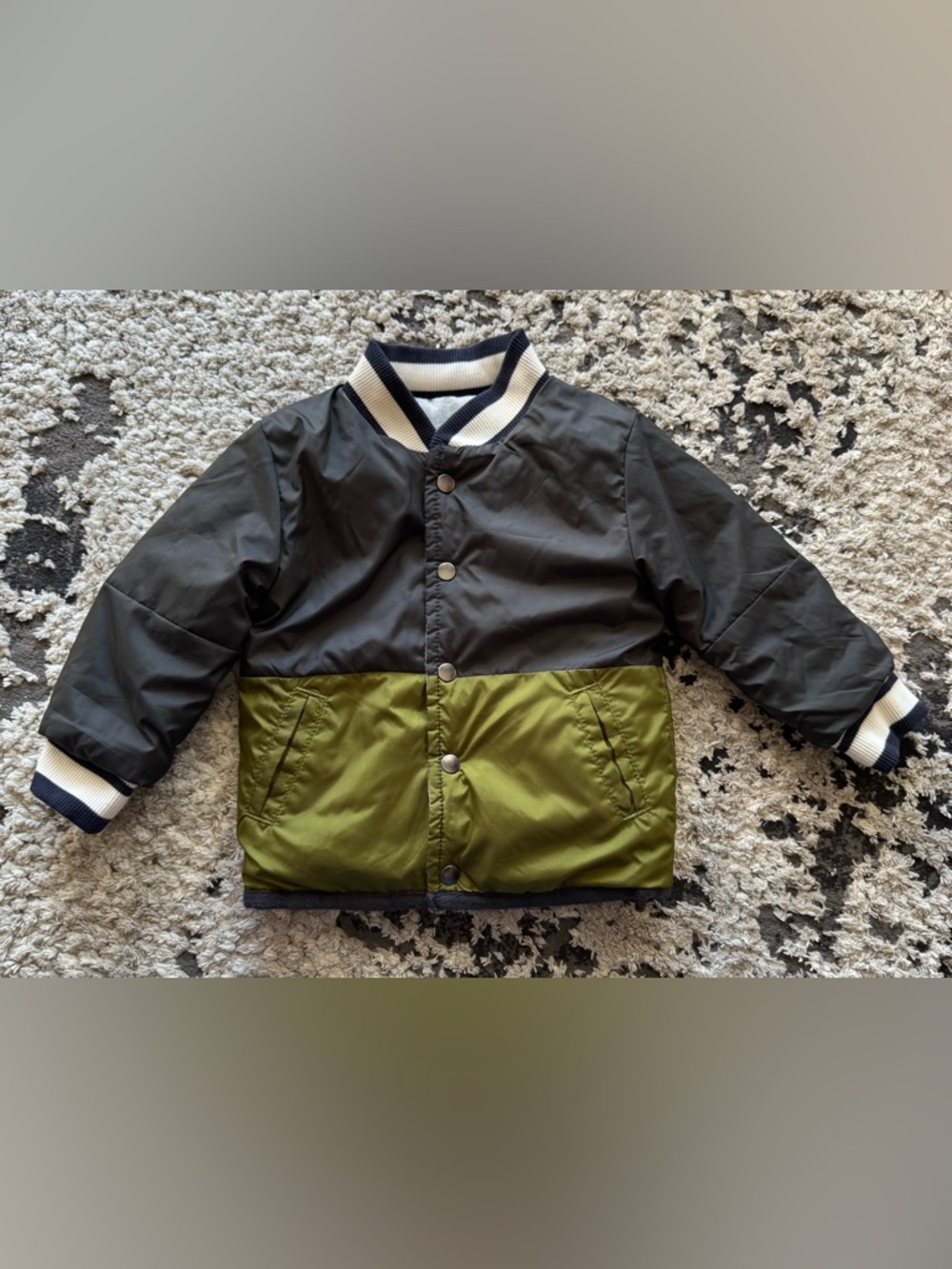 Baby Boy green Blue Reversible Puffer Varsity Coat Jacket Sz 12m? EUC